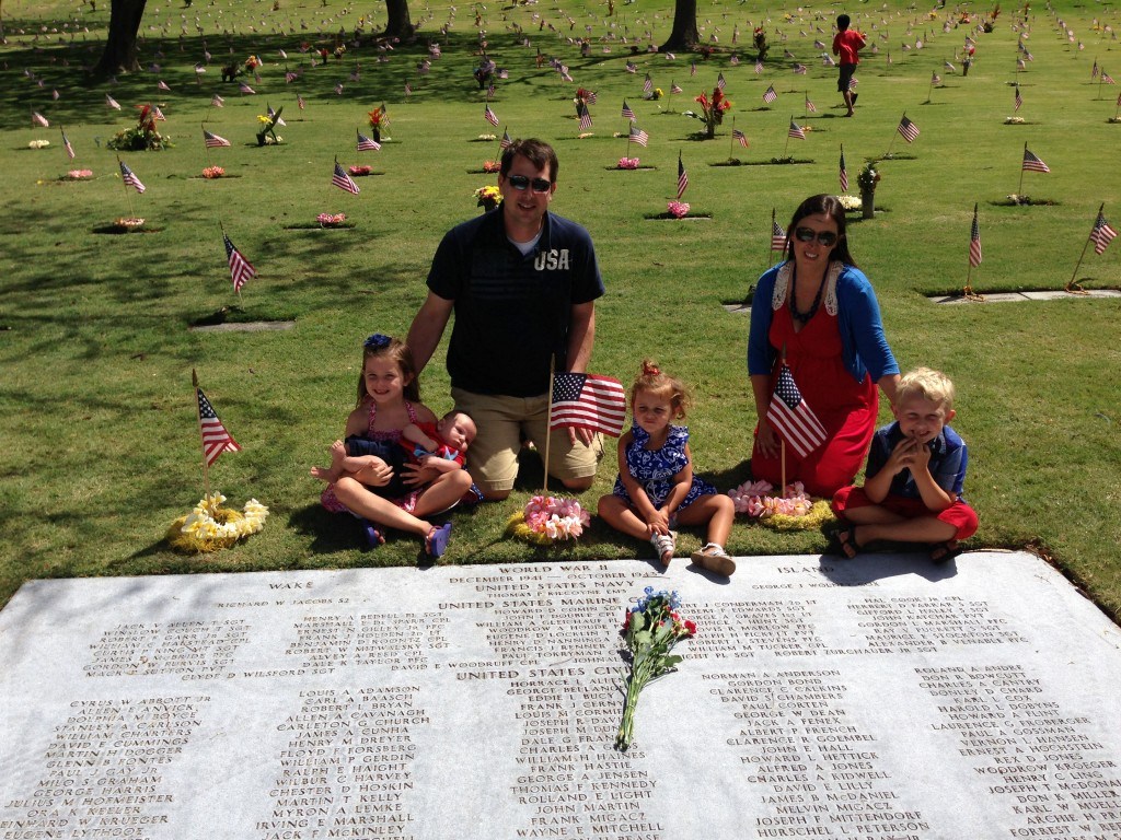 Our family by the grave of Paul's great uncle Quince who died on Wake Island. His namesake great uncle Paul was killed in the Philippines. They were 18 and 19 years old.