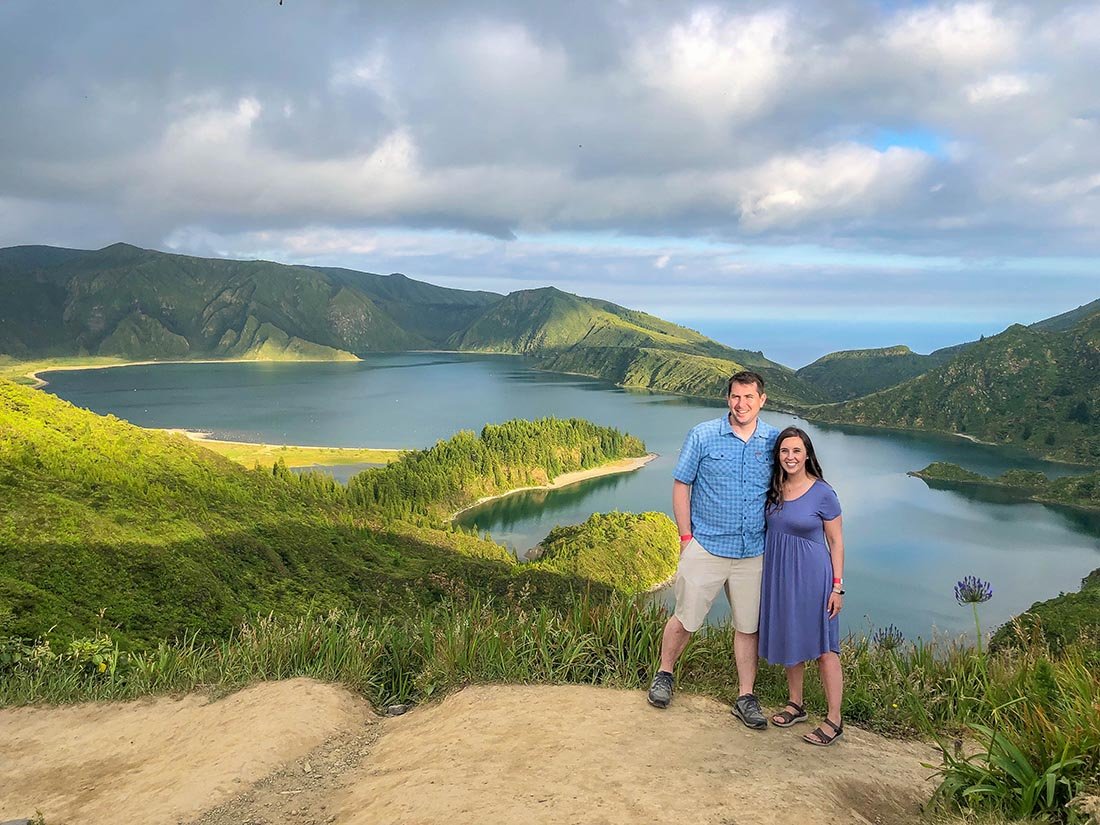 Sao Miguel Island - Vista Lagoa Fogo 2 people standing in front of the lake