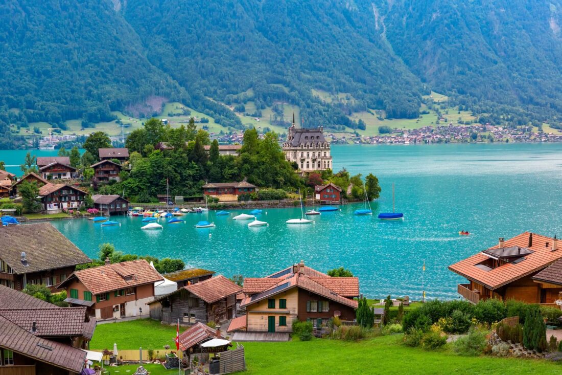 Lake Brienz in Switzerland with houses and a castle