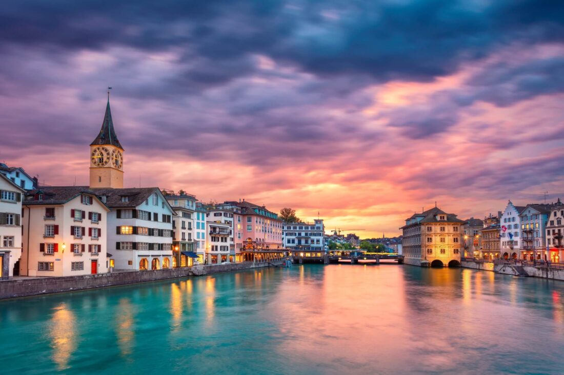 A sunset in Zurich Switzerland over the river