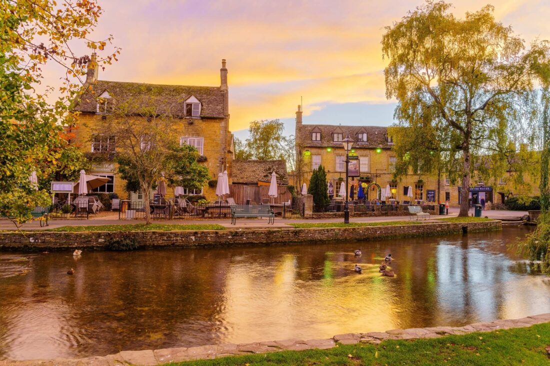 Most Beautiful Cotswolds Villages - 
pubs in the sunset in bourton-on-the-water