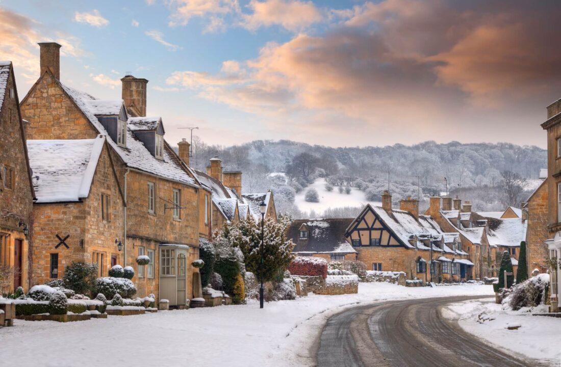 Most Beautiful Cotswolds Villages - a snowy view of the village of broadway 